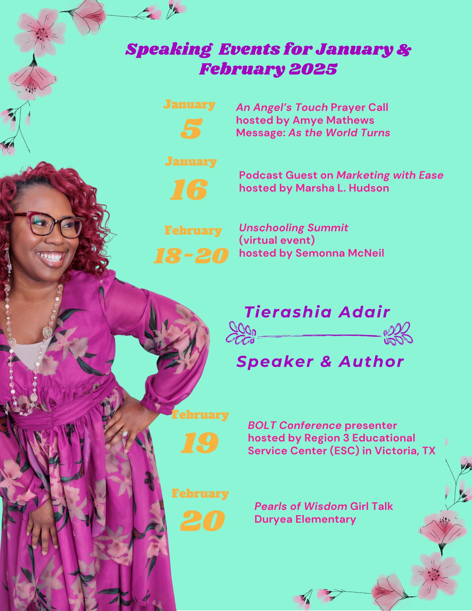 Early 2025 Speaking Events for Tierashia Adair