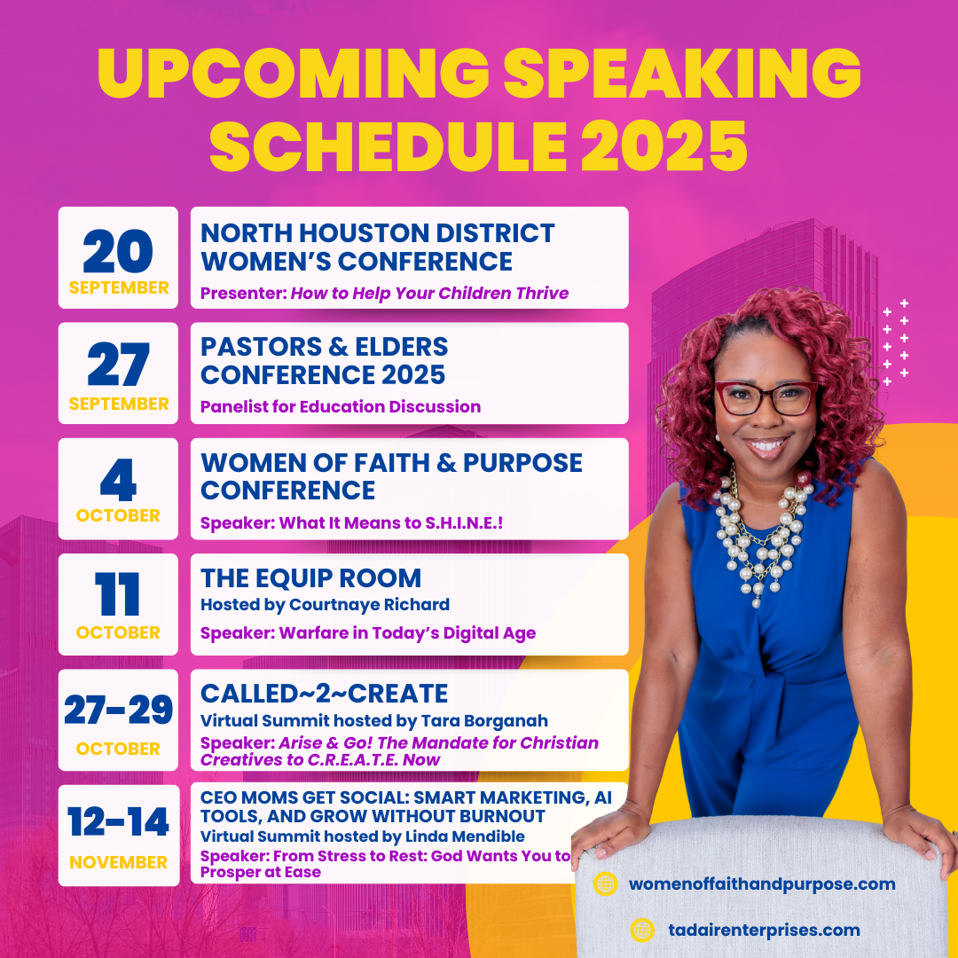 T. Adair's upcoming speaking events from September to December 2025.